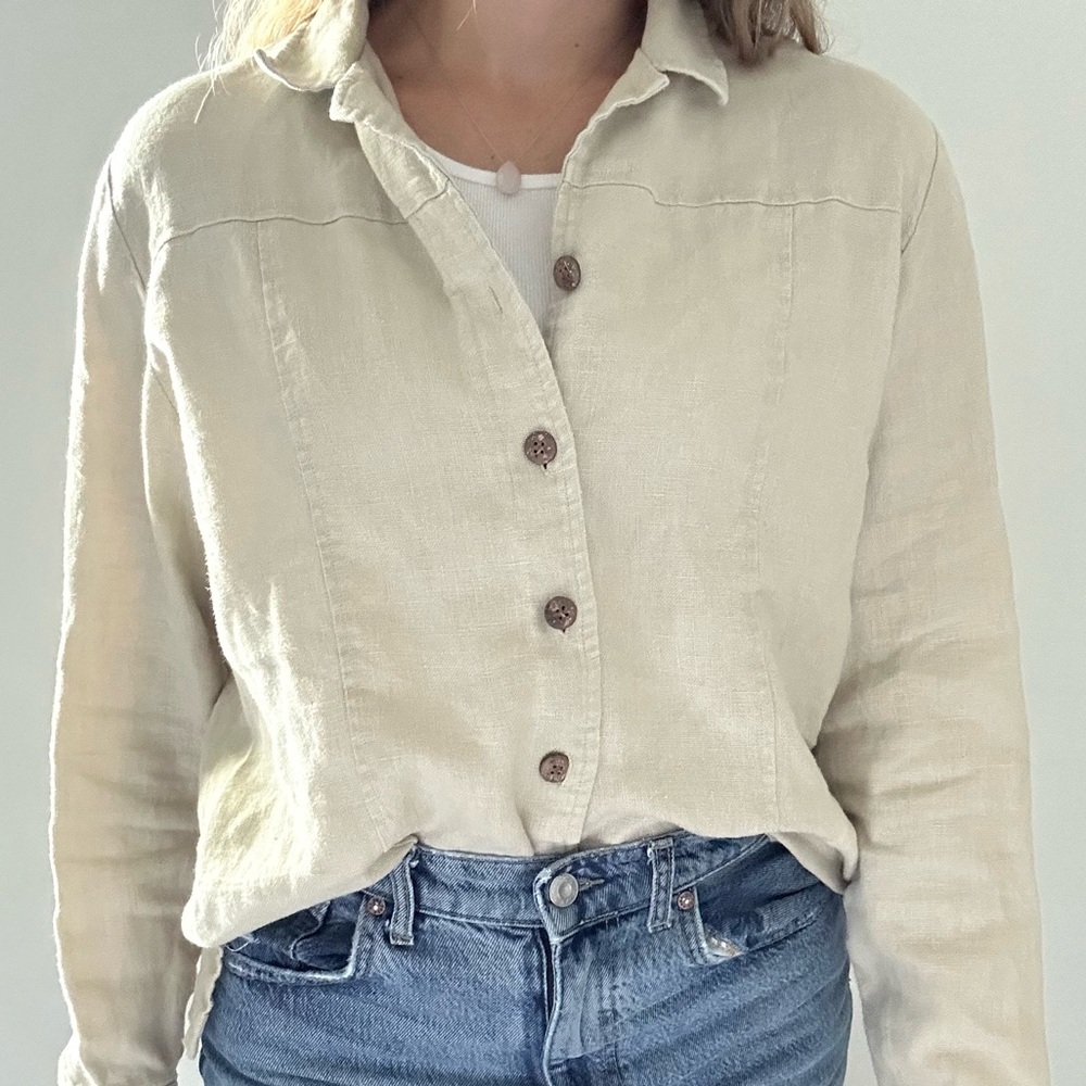 JH Collectibles Neutral Beige Linen Button-Front Shirt - Picture 2 of 10